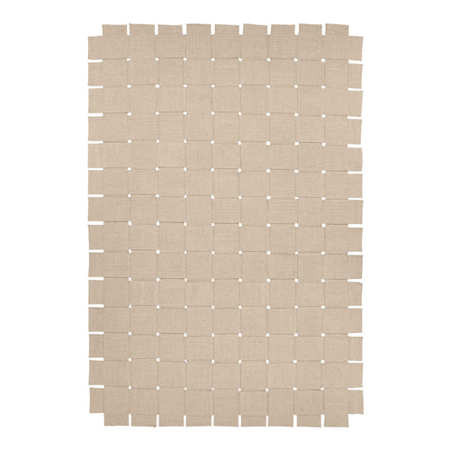 Beige woven rug with a square pattern, featuring unique cut-out designs for a textured look. Perfect for stylish decor.
