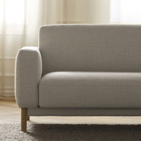 Light gray, textured fabric sofa with minimalist design and natural wood legs, perfect for modern living spaces.