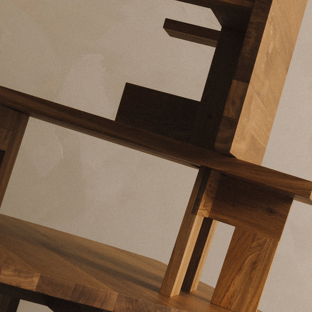 Geometric wooden shelf featuring warm brown tones and a smooth texture, perfect for modern decor.