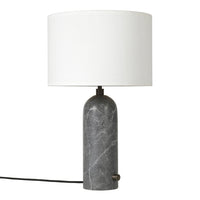 Gray marble lamp base with a white cylindrical shade, featuring a sleek, modern design. Perfect for contemporary decor.
