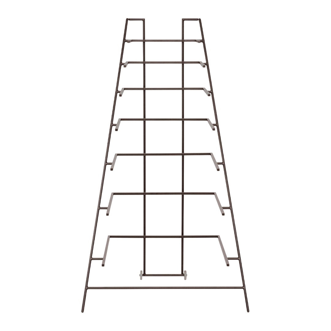 Brown metal display rack with a simple geometric pattern and seven tiered shelves for organization.