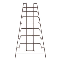 Brown metal display rack with a simple geometric pattern and seven tiered shelves for organization.