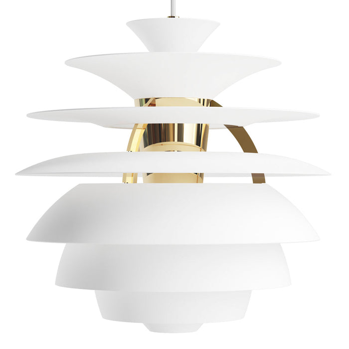 Modern white pendant lamp with layered circular shades and sleek gold accents. Elegant design for contemporary decor.
