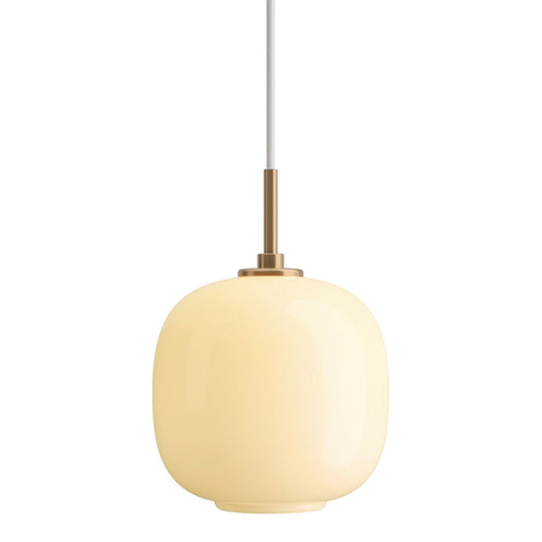 Round, cream-colored pendant lamp with a smooth finish and gold accents, hanging from a white cord.