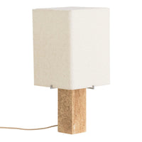 White fabric lamp shade with a textured beige stone base, featuring a minimalist design and neutral color palette.