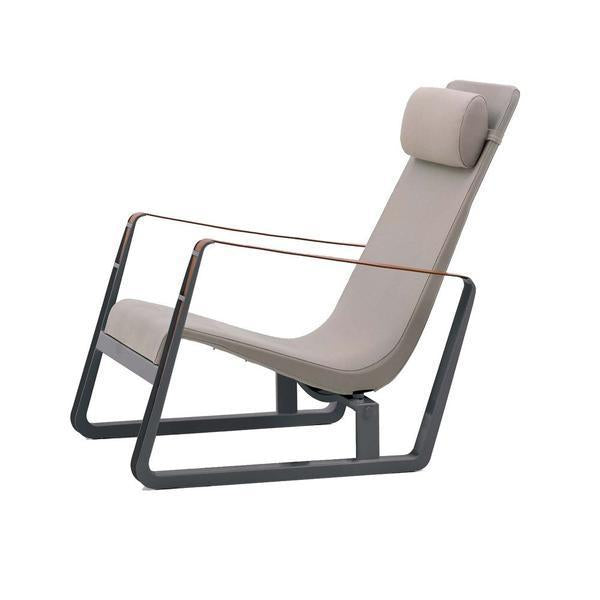Beige modern recliner chair with a sleek black metal frame and a simple, minimal design. Perfect for contemporary decor.