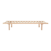 Natural wood slatted bed frame in light beige with a simple, minimalist design.