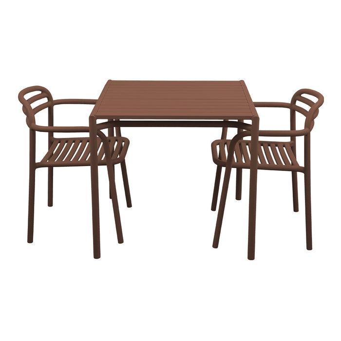 Brown square table with matching slatted chairs, featuring a sleek, modern design and a rich chocolate hue.