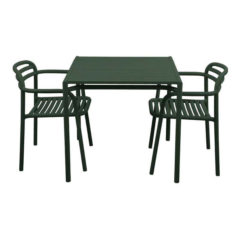 Green metal table with two matching striped chairs, perfect for outdoor dining.