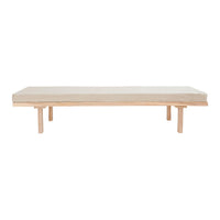 Light wood coffee table with a smooth, natural finish and minimalist design, featuring clean lines and a simple aesthetic.
