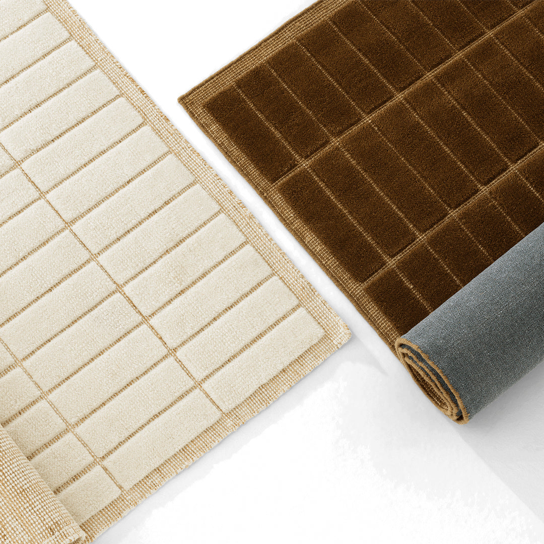 Textured rugs in beige and brown with grid patterns, showcasing modern design elements for stylish interiors.