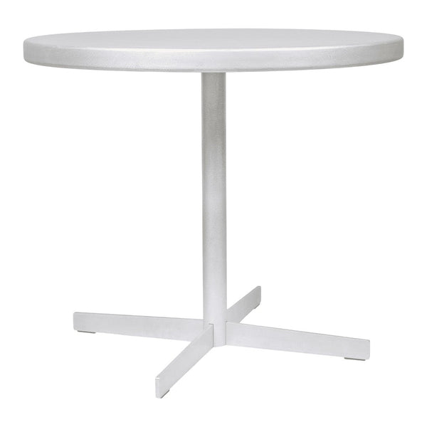 White round table with a smooth surface and a sleek silver base, perfect for modern decor.