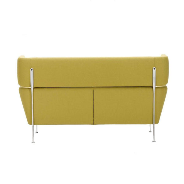 Yellow upholstered loveseat with a sleek, minimalist design and chrome legs, perfect for modern decor.