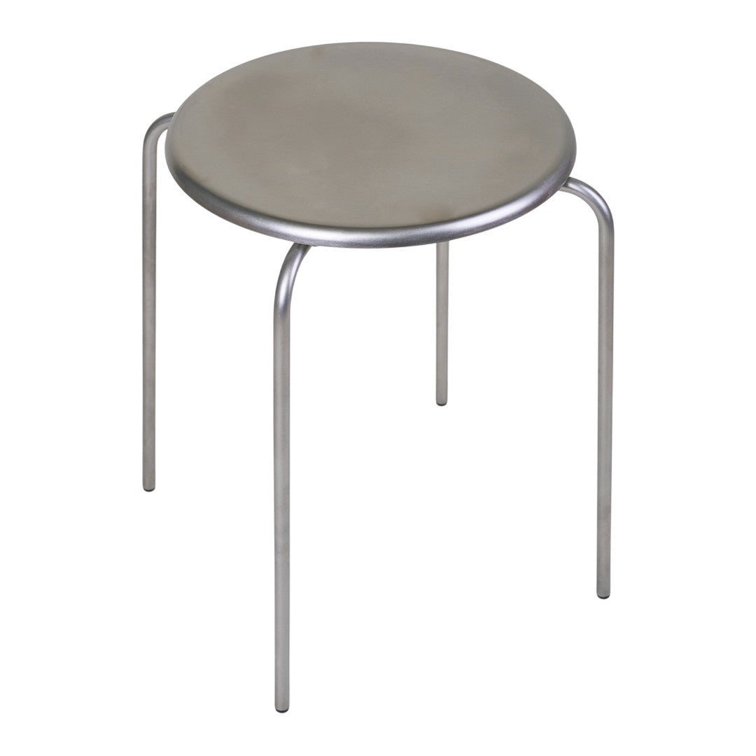Round silver metal stool with sleek, minimalistic design and four slender legs. Ideal for modern interiors.
