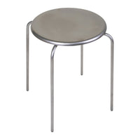 Round silver metal stool with sleek, minimalistic design and four slender legs. Ideal for modern interiors.