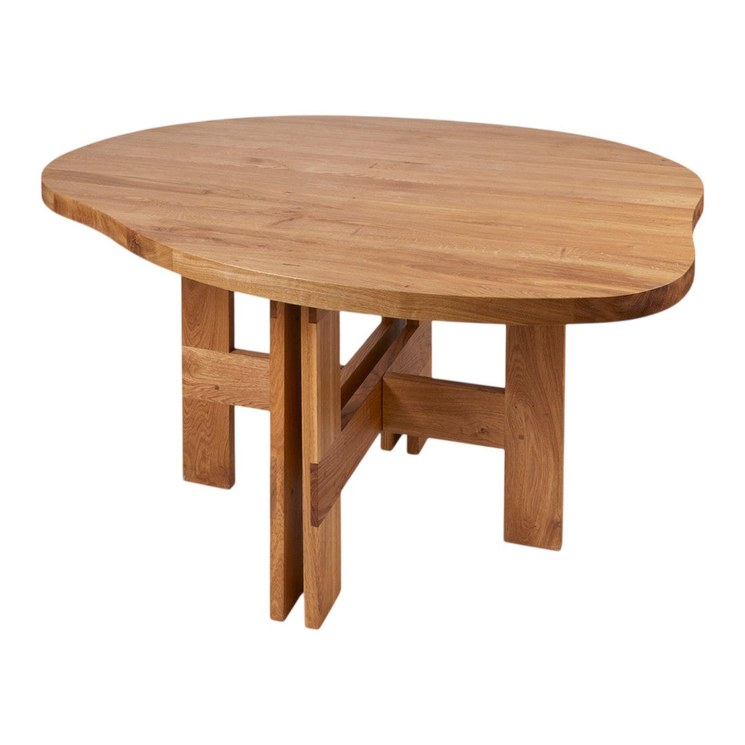 Natural wood finish oval table with a unique, organic edge and simple geometric legs. Warm brown tones enhance any decor.