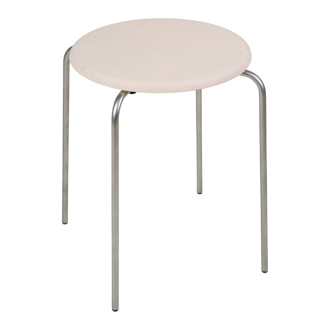 Light beige round stool with a simple design and silver metal legs. Ideal for various decor styles.