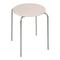Light beige round stool with a simple design and silver metal legs. Ideal for various decor styles.