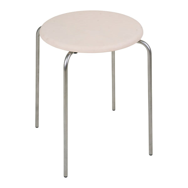 Light beige round stool with a simple design and silver metal legs. Ideal for various decor styles.