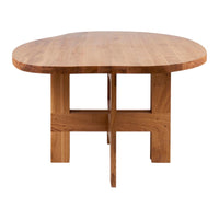 Natural wood oval dining table with a smooth finish and warm brown tones, featuring a minimalist design.