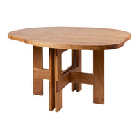 Natural wood round table with a smooth finish and a warm, light brown color, featuring a simple, modern design.