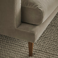 Soft beige velvet couch with a clean, modern design and natural wood legs, resting on a textured neutral rug.