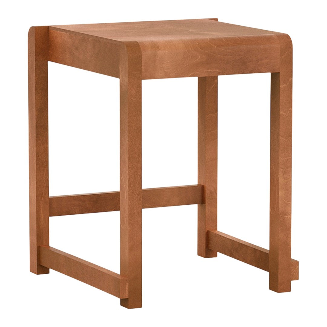 Wooden stool in warm, natural wood tones with a smooth finish and minimalist design.