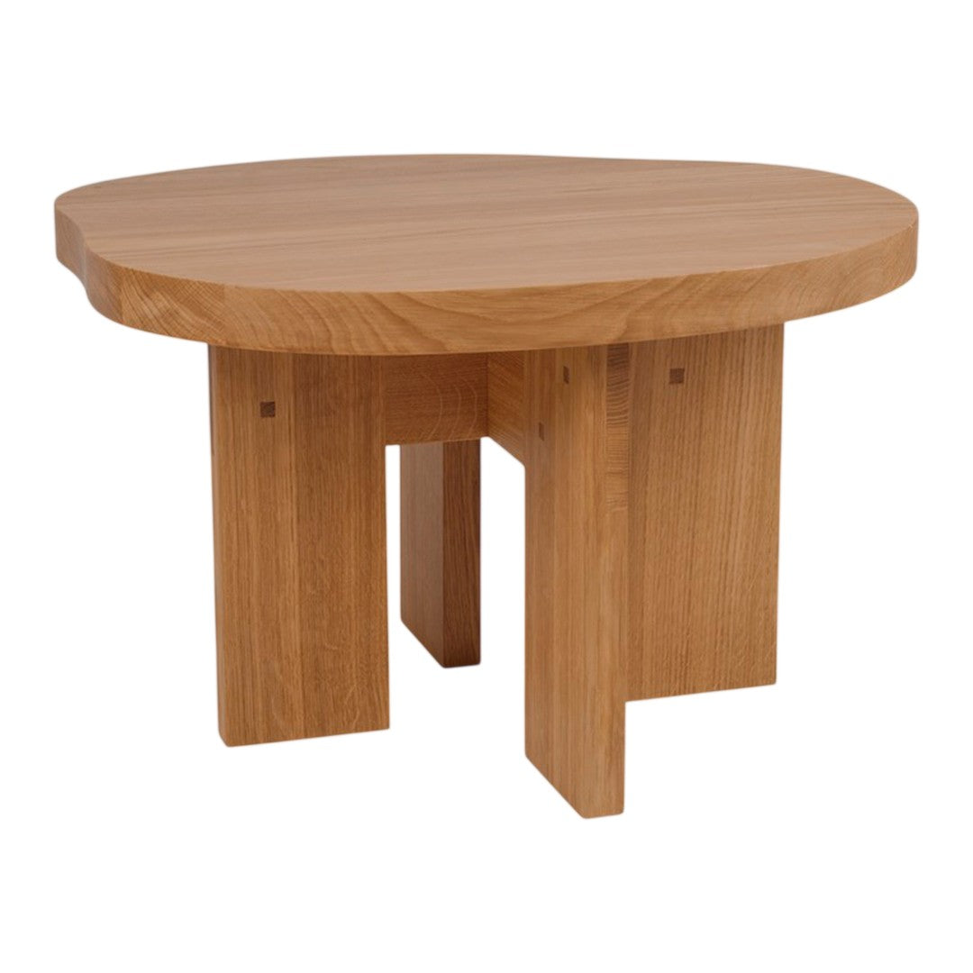 Round wooden table in a natural oak finish with a smooth surface and minimalist design. Ideal for modern decor.
