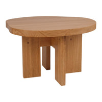 Round wooden table in a natural oak finish with a smooth surface and minimalist design. Ideal for modern decor.