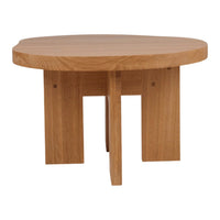 Natural wood round coffee table with a smooth surface and minimalist design, featuring a warm oak finish.