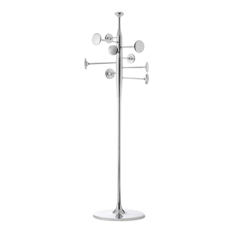 "Modern chrome coat rack with sleek cylindrical hooks and a minimalist design, reflecting a contemporary aesthetic."