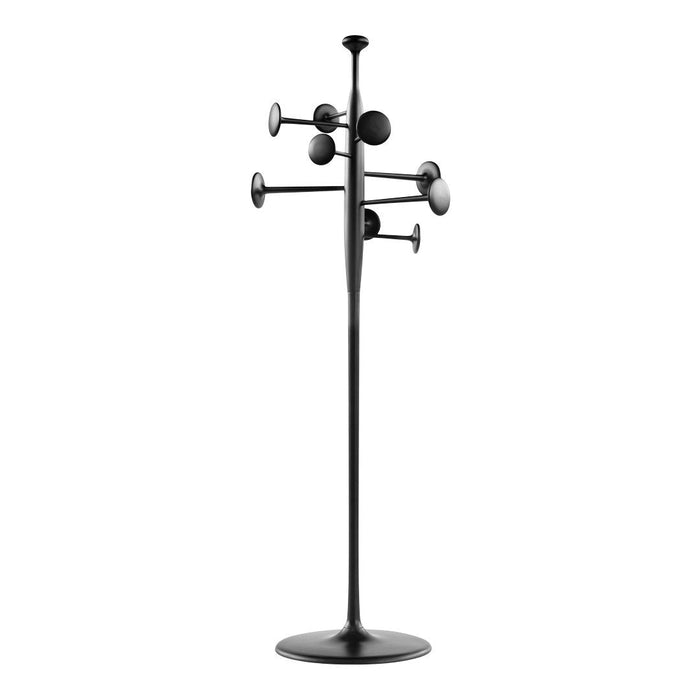 Sleek black coat rack with minimalist design and circular hooks for modern decor accents.