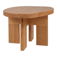 Round wooden table in a natural oak finish with a smooth, light grain pattern and clean, modern lines.