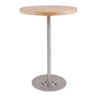 Round bar table with a natural wood top and a sleek silver metal base, showcasing a minimalistic design.
