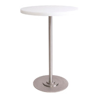 Round white tabletop with a sleek silver metal base, minimalist design, perfect for modern decor.