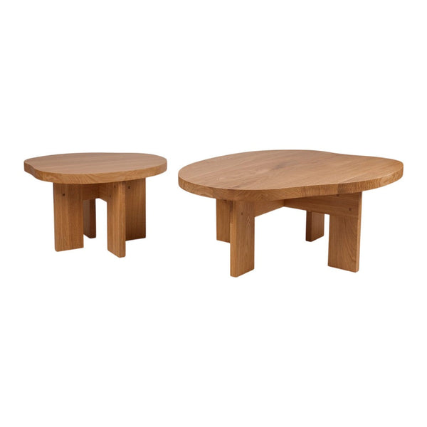 Natural wood coffee tables in light oak finish, featuring smooth, rounded shapes and minimalist design.
