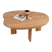 Natural wood coffee table with a light oak finish, featuring an organic shape and smooth surface.