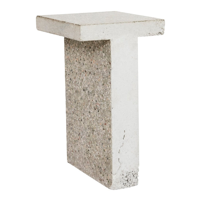 White concrete table with a textured gray and beige patterned base, perfect for modern decor.
