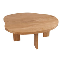Light oak coffee table with a unique organic shape and smooth finish, showcasing natural wood grain patterns.