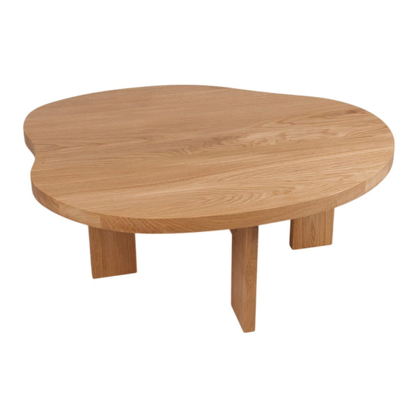 Light oak coffee table with a unique organic shape and smooth finish, showcasing natural wood grain patterns.
