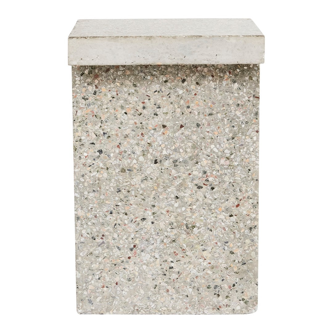 Light gray concrete side table with a speckled pattern of varied colors, featuring a smooth, rectangular top.