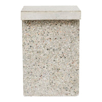 Light gray concrete side table with a speckled pattern of varied colors, featuring a smooth, rectangular top.