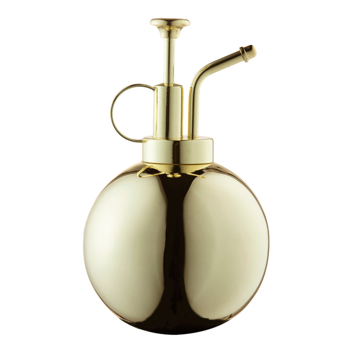 Glossy gold water spray bottle with a round shape and sleek design, featuring a shiny metallic finish.