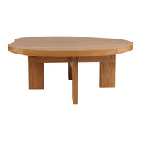 Natural wood coffee table with a smooth, light oak finish and an organic, rounded design, featuring minimalist legs.