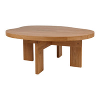Natural wood coffee table with a unique organic shape and smooth light brown finish, featuring clean lines and solid legs.