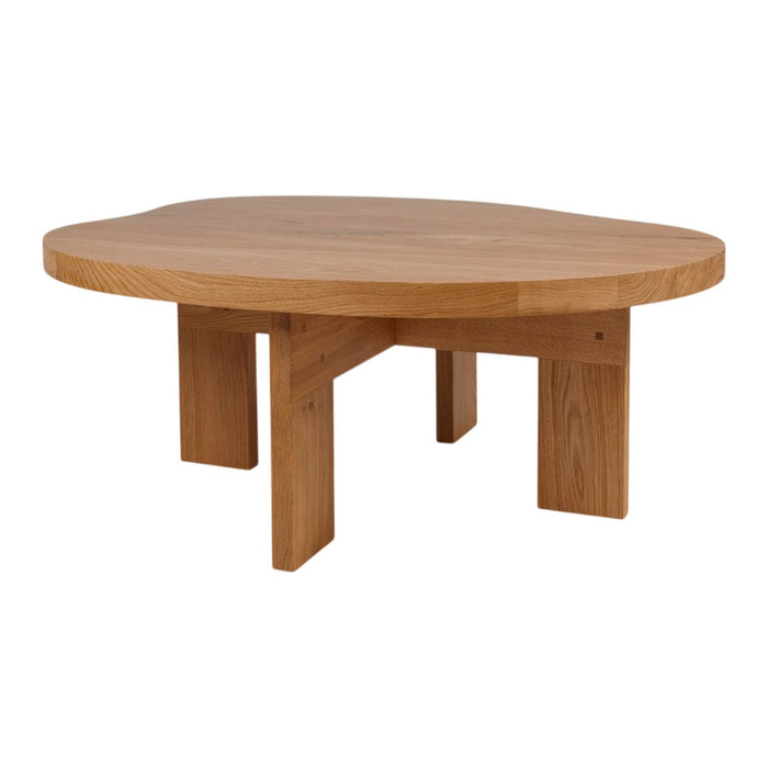 Natural wood coffee table with a unique organic shape and smooth light brown finish, featuring clean lines and solid legs.