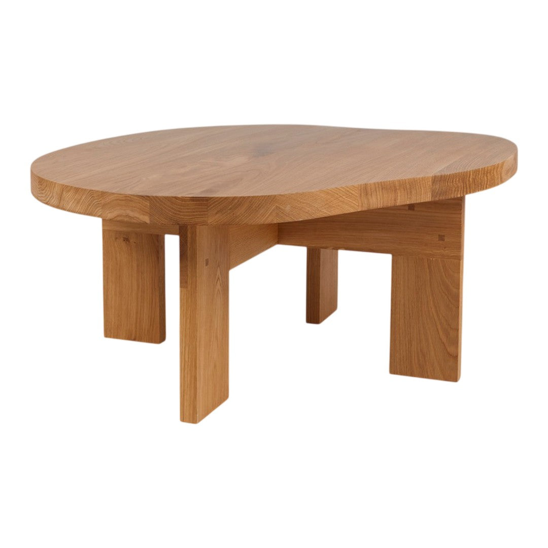 Round wooden coffee table in a warm oak finish with a smooth, natural grain pattern. Modern minimalist design.