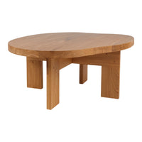 Round wooden coffee table in a warm oak finish with a smooth, natural grain pattern. Modern minimalist design.