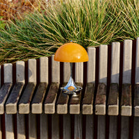 "Vibrant orange lamp with a sleek silver base, set against textured wooden slats and lush green grass."