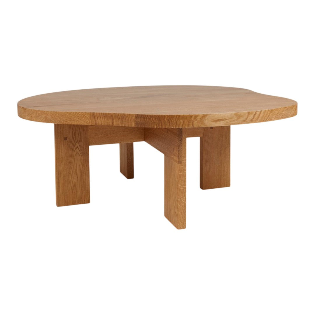 Natural wood coffee table with a unique, organic shape and a light oak finish. Perfect for modern decor.